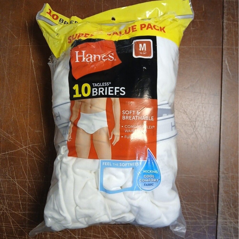 Hanes Men's Tagless Cotton Briefs 10 Pack Size M 32-34โ White Moisture Wicking